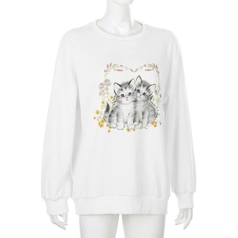 Malina Kitty Flower Print Vintage Sweatshirt - White / S - Mermaid Way