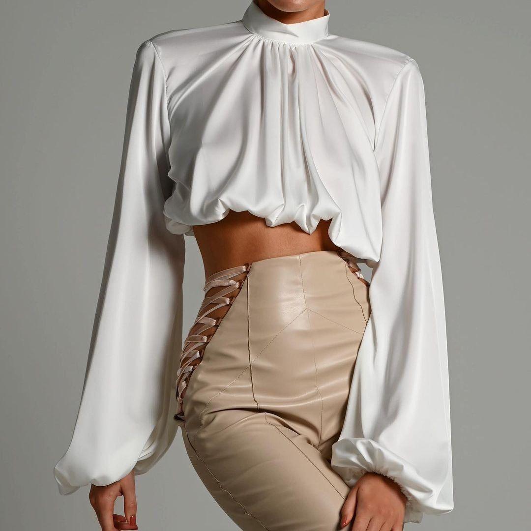 Mare Turtleneck Puff Sleeve Satin Blouse - White / S - Mermaid Way