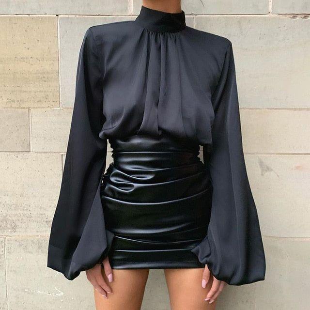 Mare Turtleneck Puff Sleeve Satin Blouse - Black / S - Mermaid Way