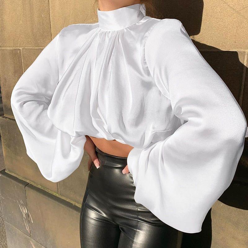 Mare Turtleneck Puff Sleeve Satin Blouse - White / S - Mermaid Way