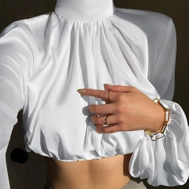 トップス mare Soft Volume Puff Sleeve Blouse Mare White Satin Turtleneck Blouse with Puff Sleeves