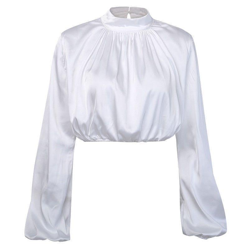 Mare Turtleneck Puff Sleeve Satin Blouse - White / S - Mermaid Way