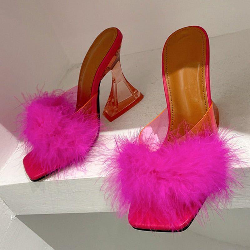 Meadow Feather Square Toe Heels - Hot Pink / 5 - Mermaid Way