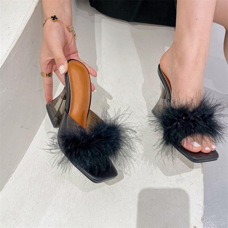 Meadow Feather Square Toe Heels - Black / 5 - Mermaid Way