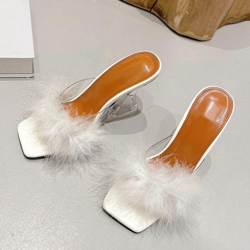 Meadow Feather Square Toe Heels - White / 5 - Mermaid Way