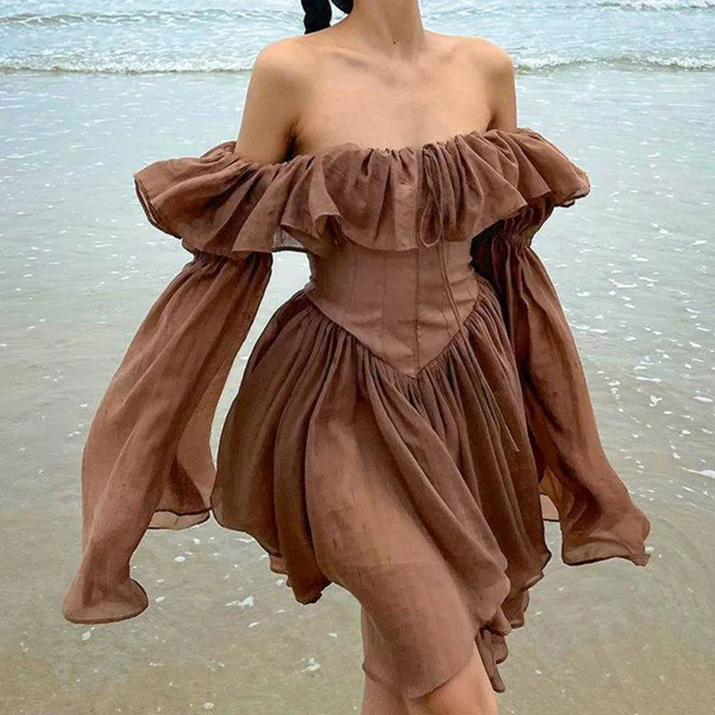 Milk Chocolate Vintage Ruffled Off Shoulder Midi Dress - Brown / S - Mermaid Way