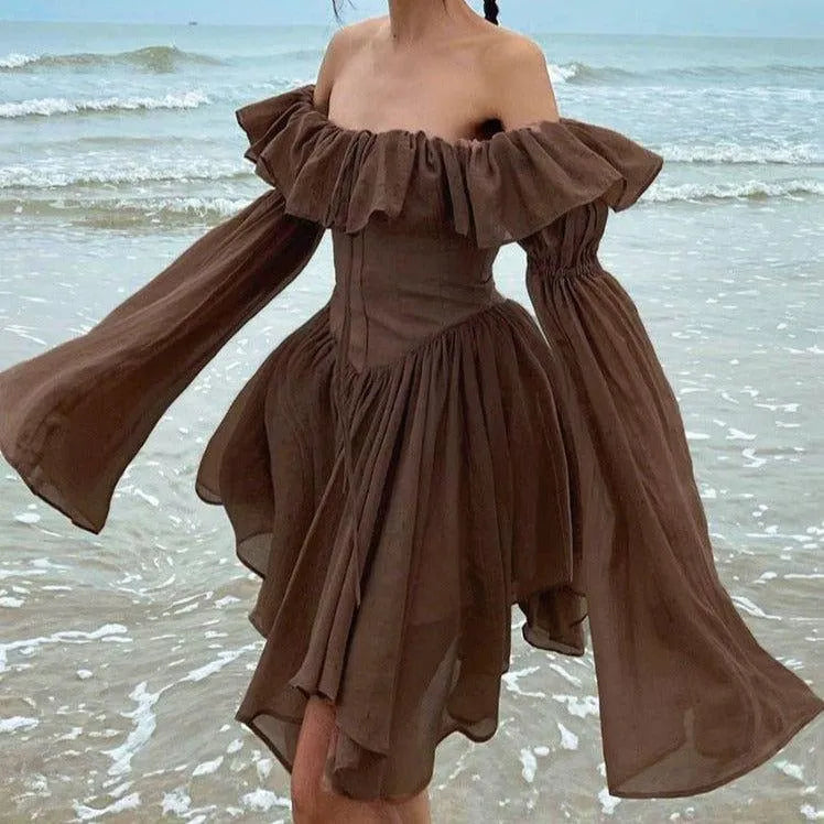 Milk Chocolate Vintage Ruffled Off Shoulder Midi Dress - Brown / S - Mermaid Way