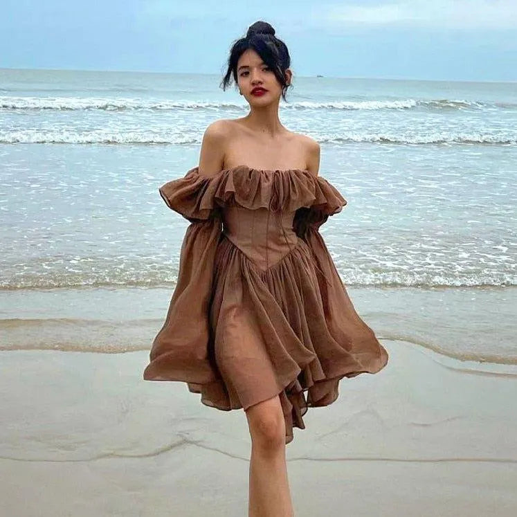 Milk Chocolate Vintage Ruffled Off Shoulder Midi Dress - Brown / S - Mermaid Way