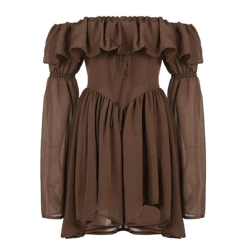 Milk Chocolate Vintage Ruffled Off Shoulder Midi Dress - Brown / S - Mermaid Way