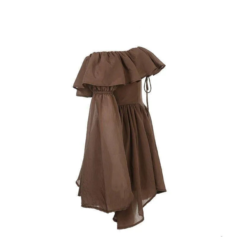 Milk Chocolate Vintage Ruffled Off Shoulder Midi Dress - Brown / S - Mermaid Way