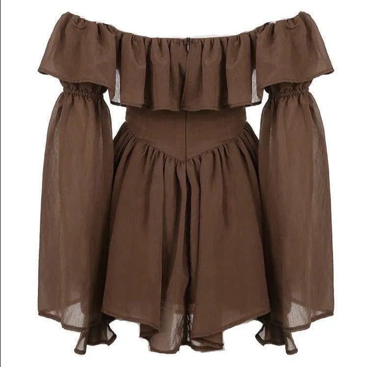 Milk Chocolate Vintage Ruffled Off Shoulder Midi Dress - Brown / S - Mermaid Way