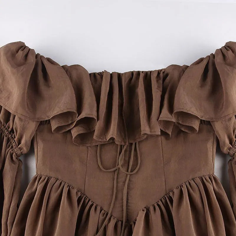 Milk Chocolate Vintage Ruffled Off Shoulder Midi Dress - Brown / S - Mermaid Way