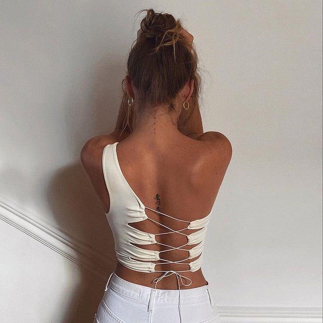 Mina Lace Up One Shoulder Tank Top - White / S - Mermaid Way