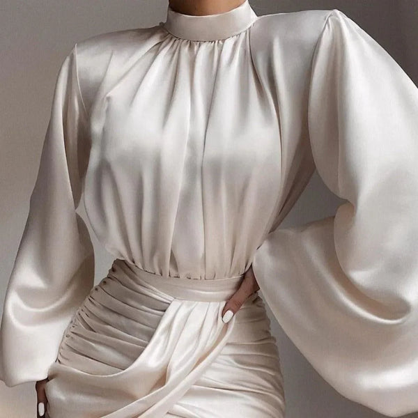 Monaco White Satin Ruched Mini Dress with Puff Sleeves