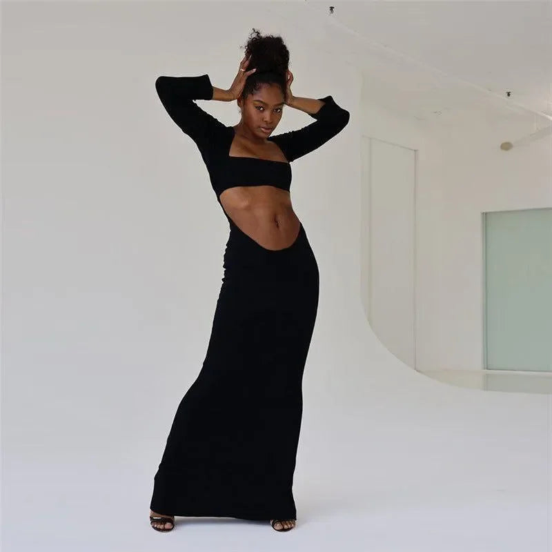 Monroe Cut Out Long Sleeve Maxi Dress in Black Monroe Cut Out Long Sleeve Maxi Dress in Black