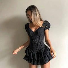 Nadia Black Ruffled Pleated Mini Dress | Mermaid Way