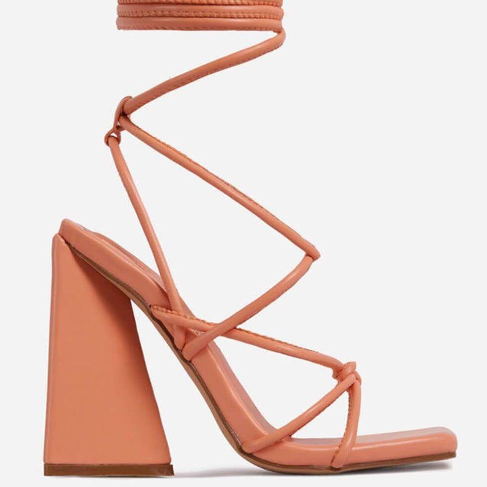 Niki Square Toe Lace Up Block Heels - Orange / 5 - Mermaid Way