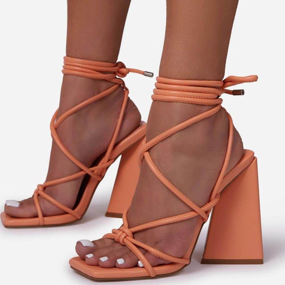 Niki Square Toe Lace Up Block Heels - Orange / 5 - Mermaid Way