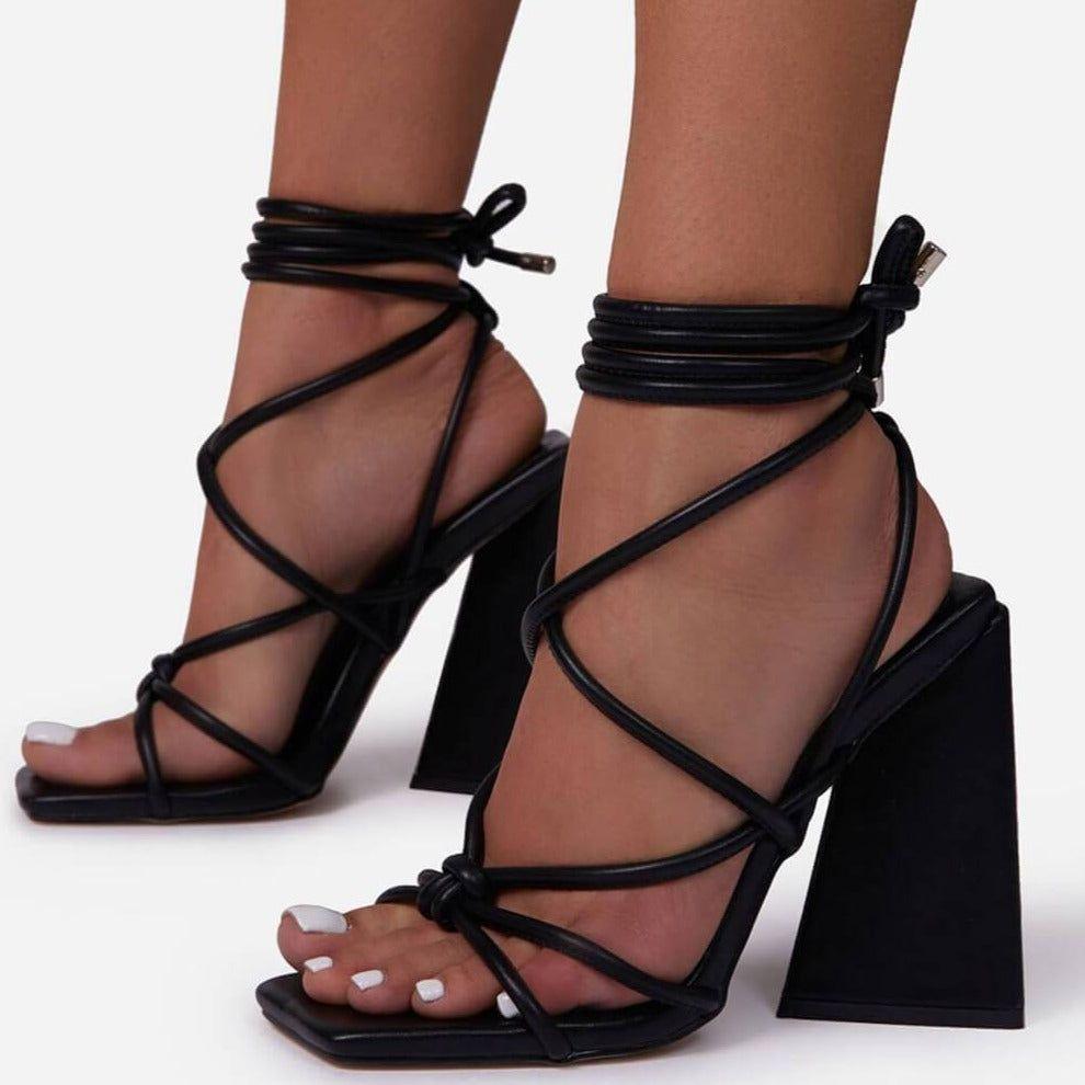 Niki Square Toe Lace Up Block Heels - Black / 5 - Mermaid Way