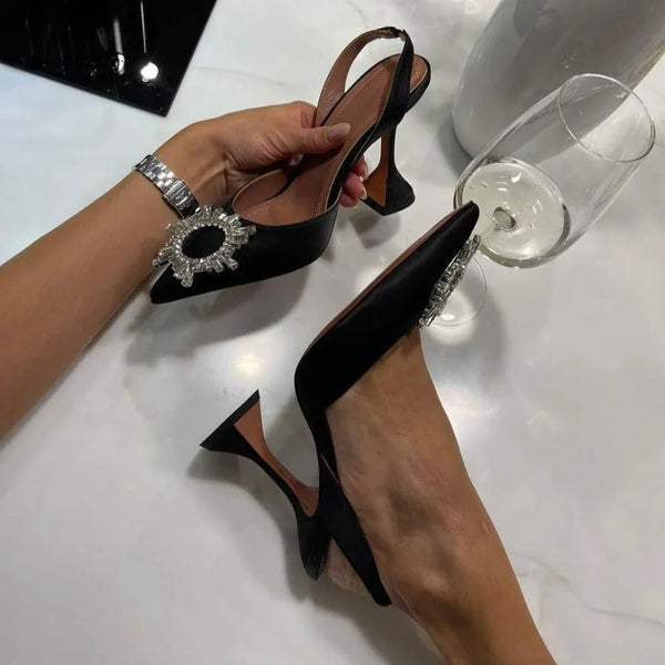 black slingback heels with crystal embellishments, evening look