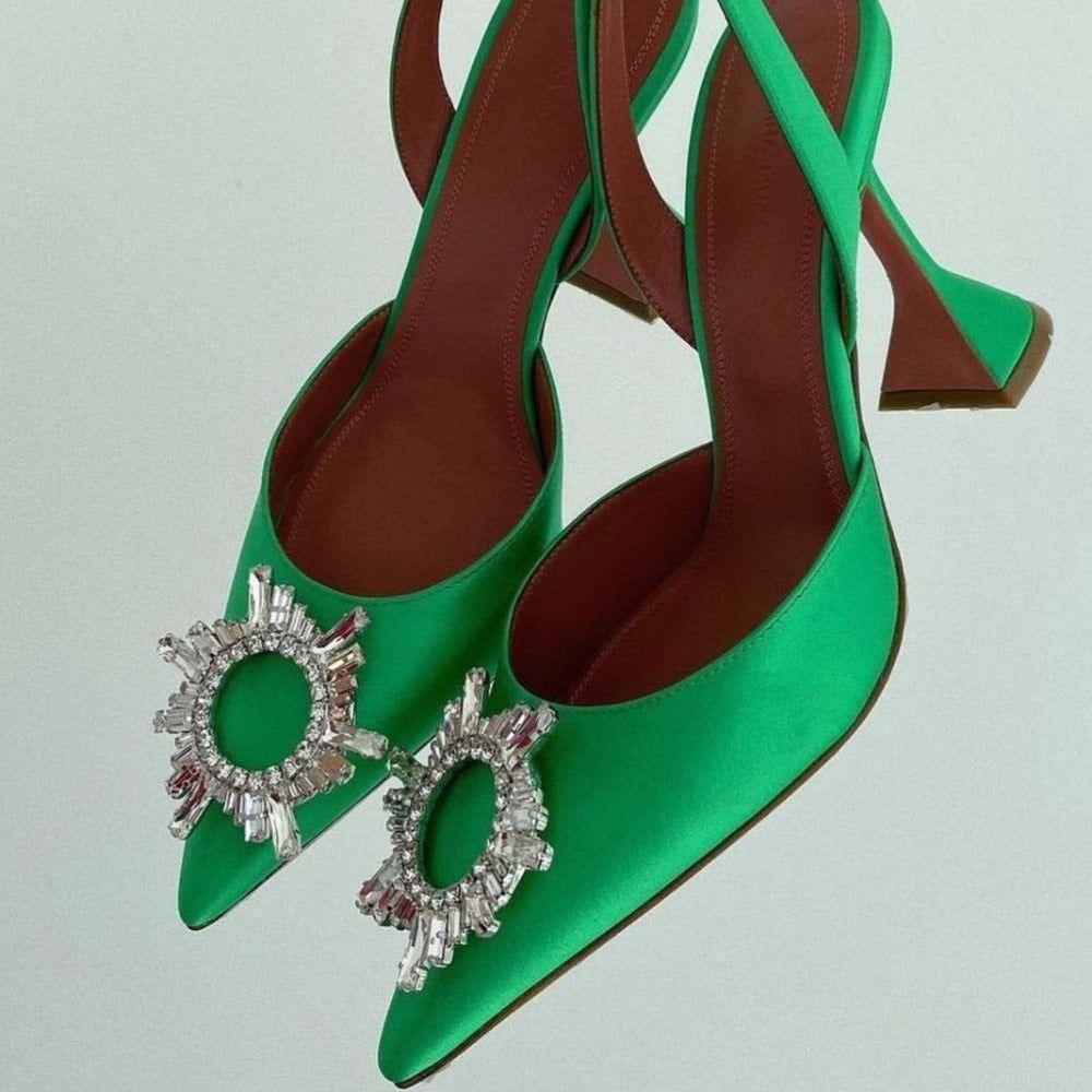 Obsessed Pointed Toe Crystal Brooch Heels - Green / 5 - Mermaid Way