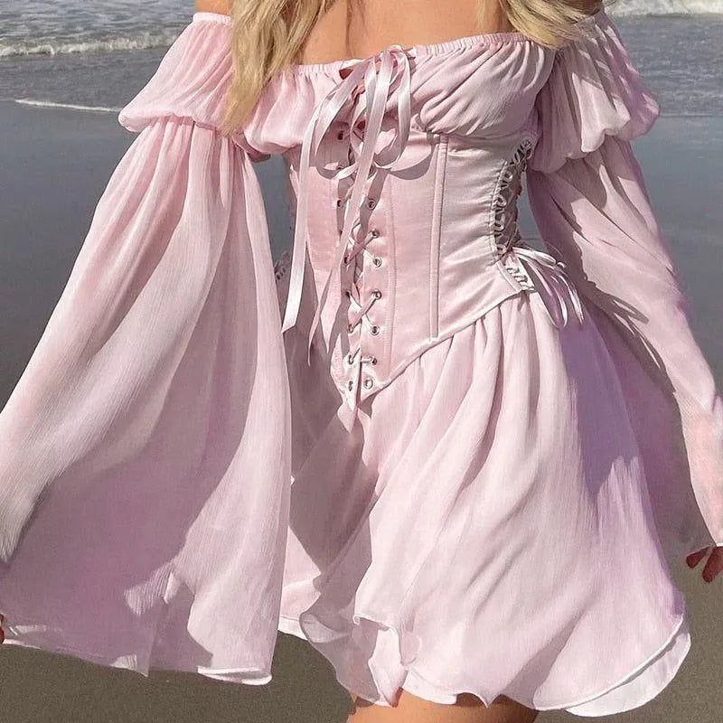 Oh Là Là Lace Up Corset Romantic Mini Dress - Pink / S - Mermaid Way