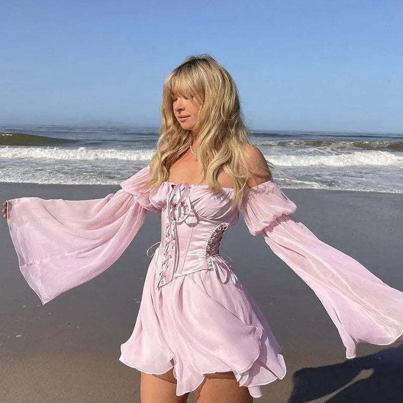 Oh Là Là Lace Up Corset Romantic Mini Dress - Pink / S - Mermaid Way
