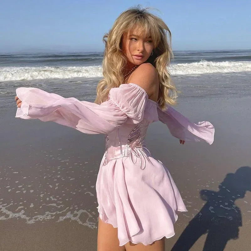 Oh L L Lace Up Corset Mini Dress - Fitted & Flirty Pink / M Oh L L Lace Up Corset Mini Dress - Fitted & Flirty Pink / M