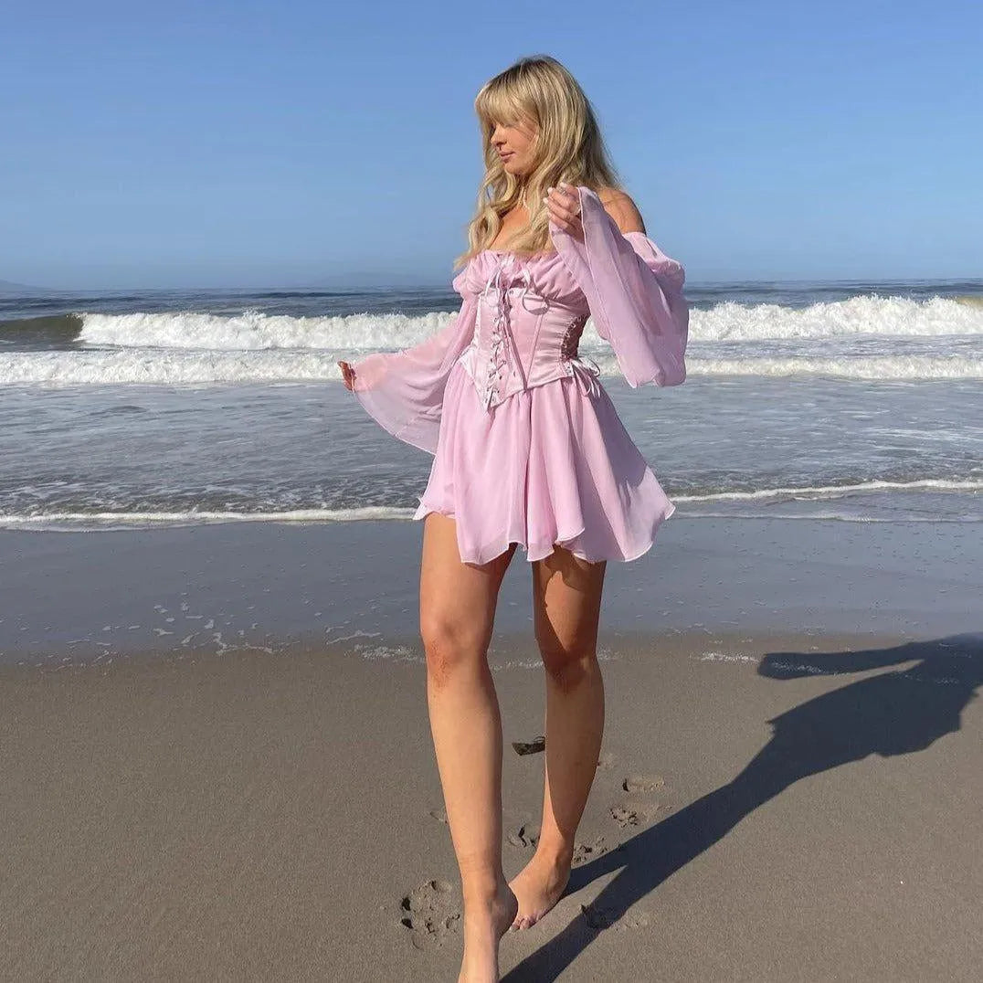 Oh Là Là Lace Up Corset Romantic Mini Dress - Pink / S - Mermaid Way