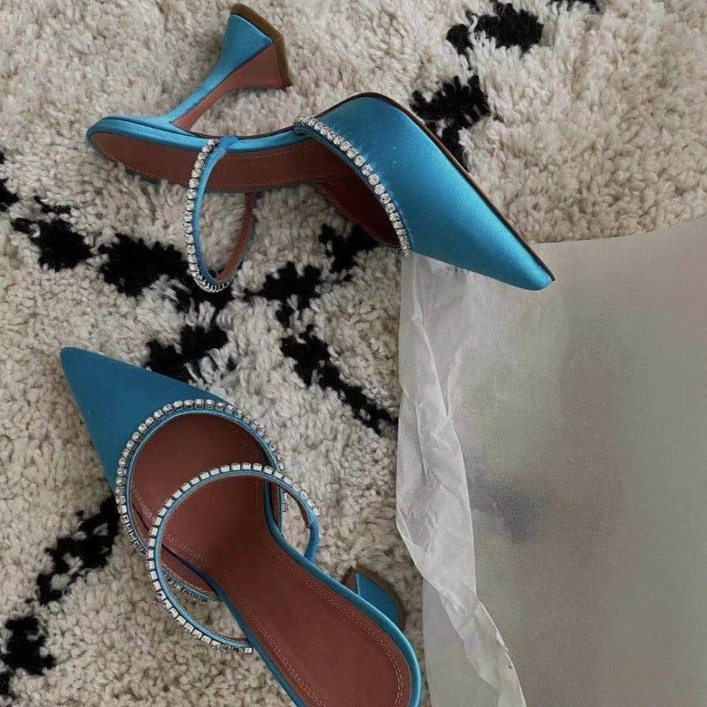 Out Out Crystal Embellished Satin Heels - Light Blue / 4 - Mermaid Way