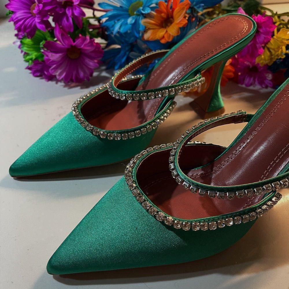 Out Out Crystal Embellished Satin Heels - Dark Green / 4 - Mermaid Way