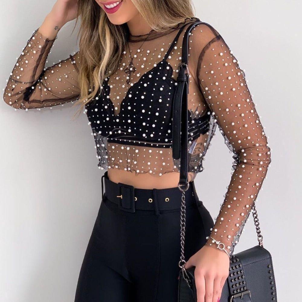 Pearl Diva Long Sleeve Mesh Crop Top - Black / S - Mermaid Way