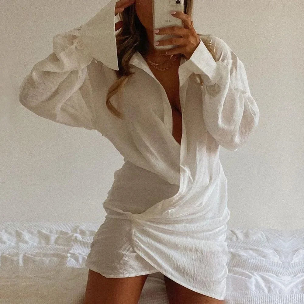 Polina Linen Ruched Shirt Mini Dress in White Polina Linen Ruched Shirt Mini Dress in White