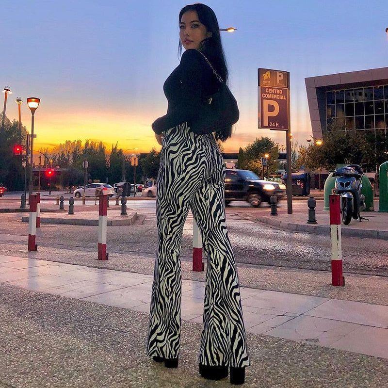 Priscilla Animal Print High Waisted Flare Pants - Zebra Print / S - Mermaid Way