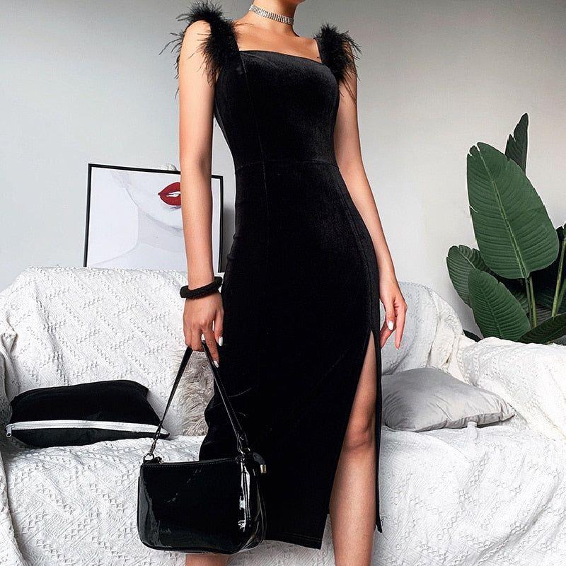 Alba Feather Velvet Midi Dress - Dresses - Mermaid Way