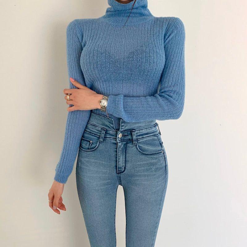 Mermaid Way Brandy Turtleneck Ribbed Knit Crop Sweater - Light Blue / One Size