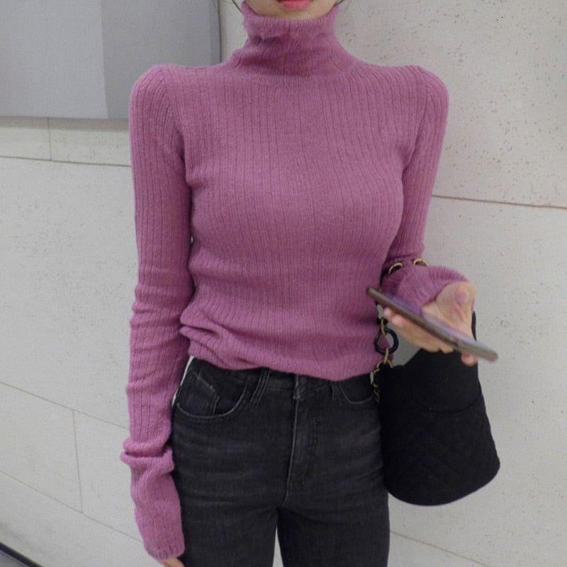 Mermaid Way Brandy Turtleneck Ribbed Knit Crop Sweater - Pink / One Size