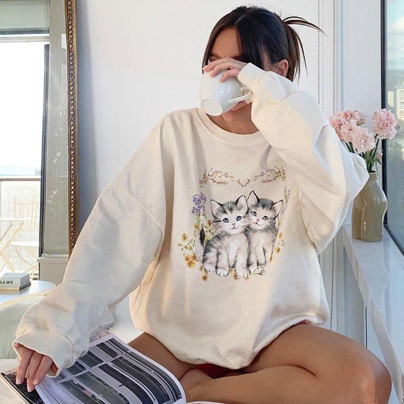 Malina Kitty Flower Print Vintage Sweatshirt - Shirts & Tops - Mermaid Way