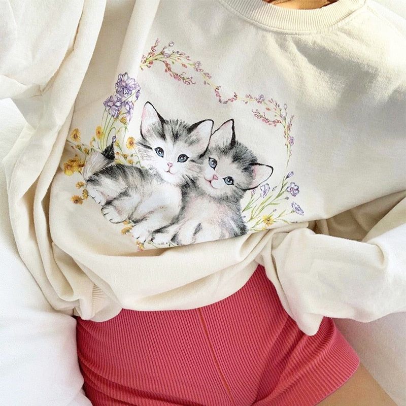 Mermaid Way Malina Kitty Flower Print Vintage Sweatshirt, L / White