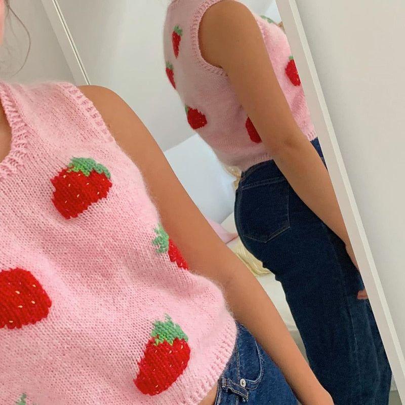 Strawberry Milkshake Cropped Knitted Vest - Vests - Mermaid Way