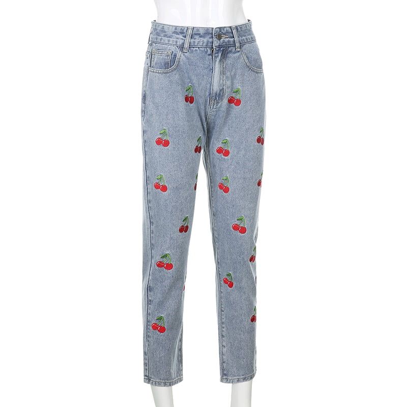 Evy Cherry Embroidery High Waisted Jeans – Mermaid Way