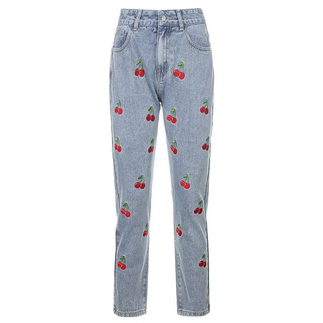 Evy Cherry Embroidery High Waisted Jeans - Pants - Mermaid Way
