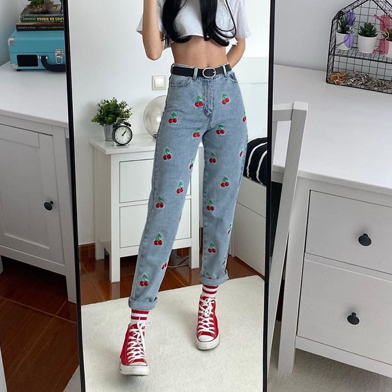 Evy Cherry Embroidery High Waisted Jeans - Pants - Mermaid Way