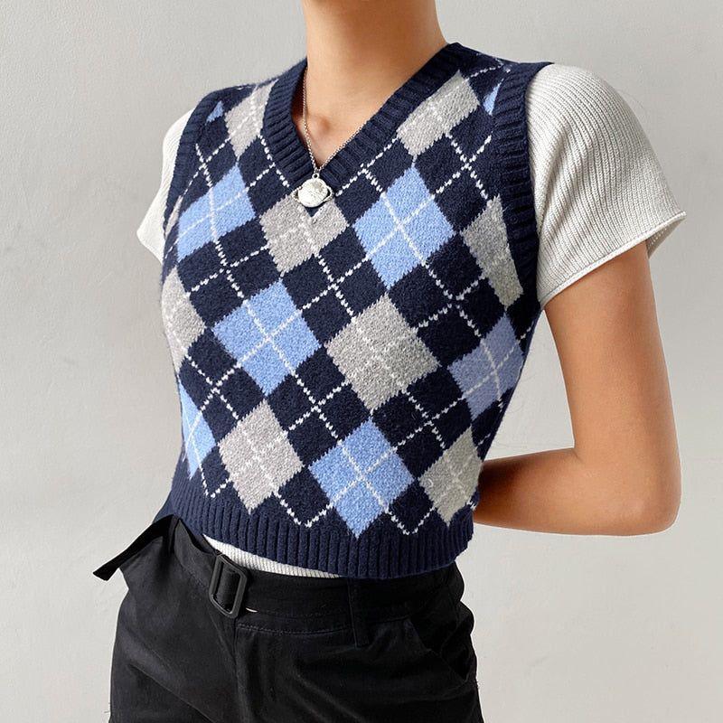 Silvia Knitted Plaid Crop Vest - Vests - Mermaid Way