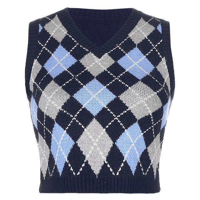 Silvia Knitted Plaid Crop Vest - Vests - Mermaid Way