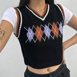 Theda Argyle Plaid Knitted Crop Vest - Vests - Mermaid Way