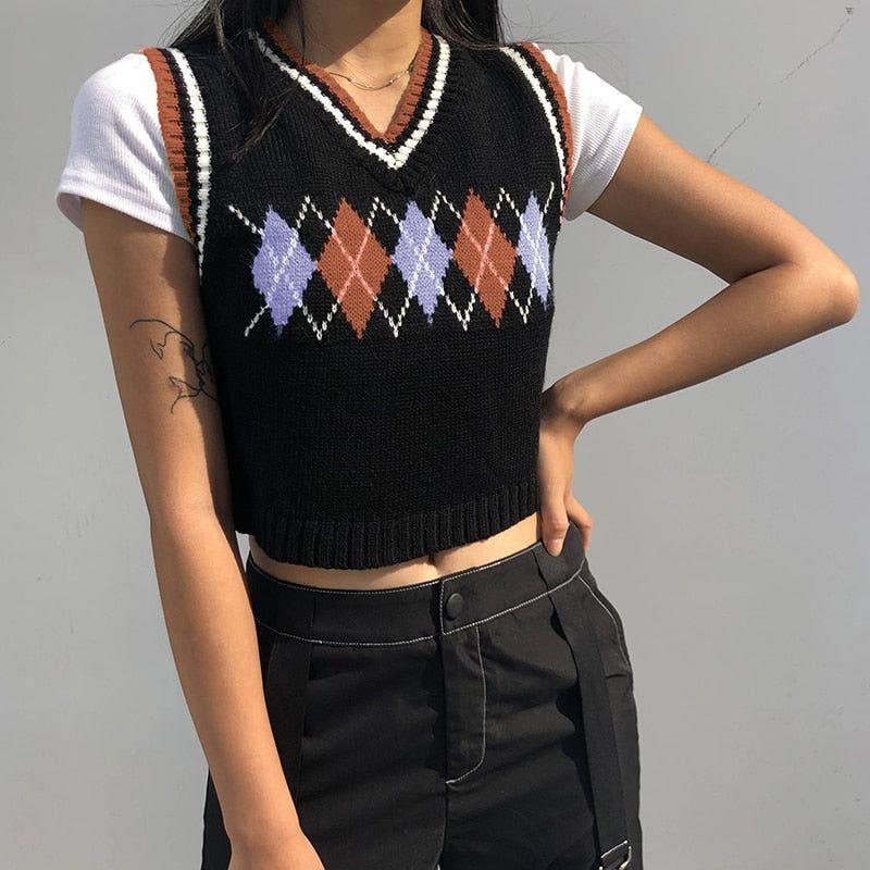 Theda Argyle Plaid Knitted Crop Vest - Vests - Mermaid Way