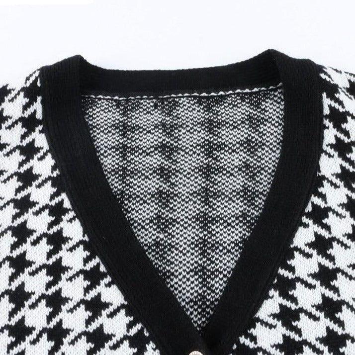 Mermaid Way Killa Houndstooth Pattern Button Cardigan - Black & White / S