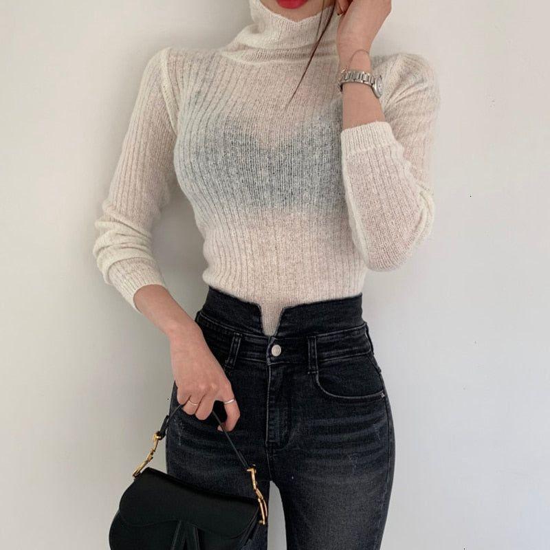 Mermaid Way Brandy Turtleneck Ribbed Knit Crop Sweater - White / One Size