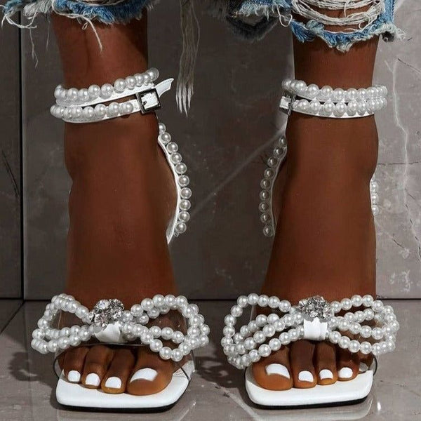 White Pearl Bow Ankle Strap Heels - Shoes - Mermaid Way